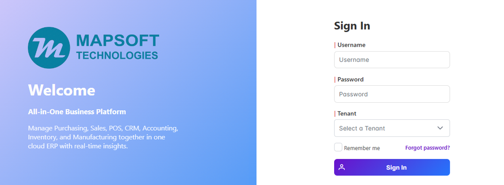 Cloud ERP sign-in screen